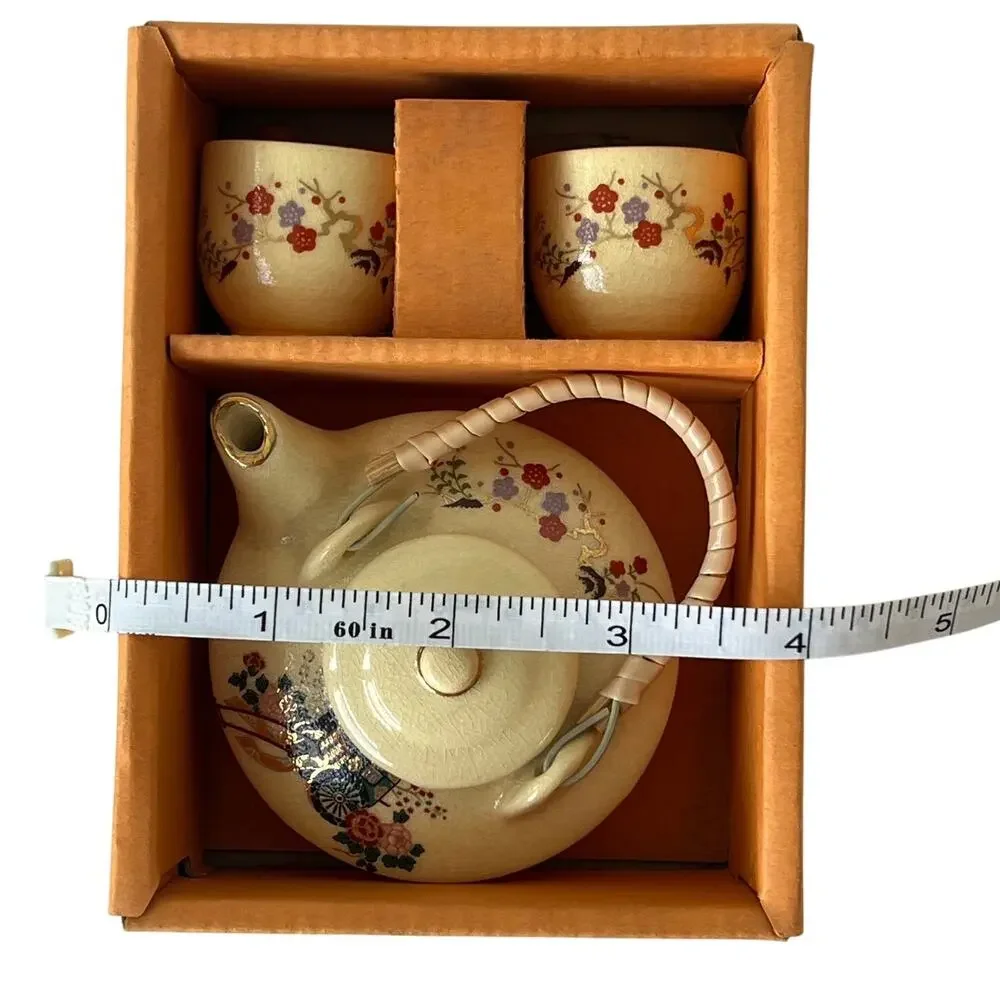 Vintage Japanese Miniature Tea Set Boxed Teapot 2 Cups Crackle Floral Ox Cart